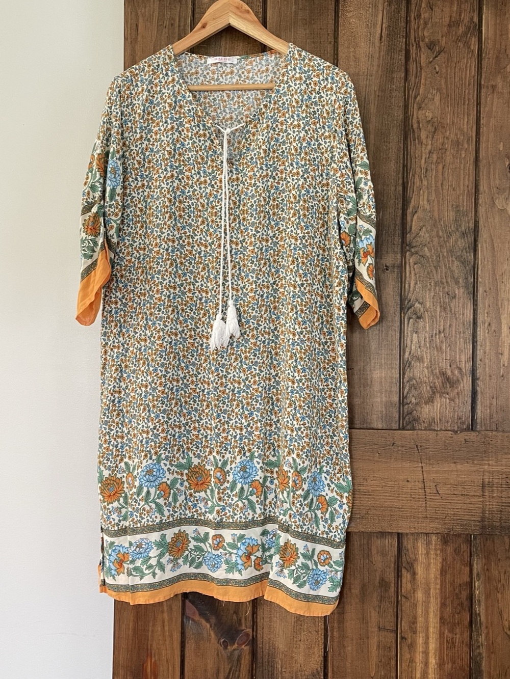 Halife Boho Chic Floral Mixed Print Tassel Tie Shift Knee Length Dress XL